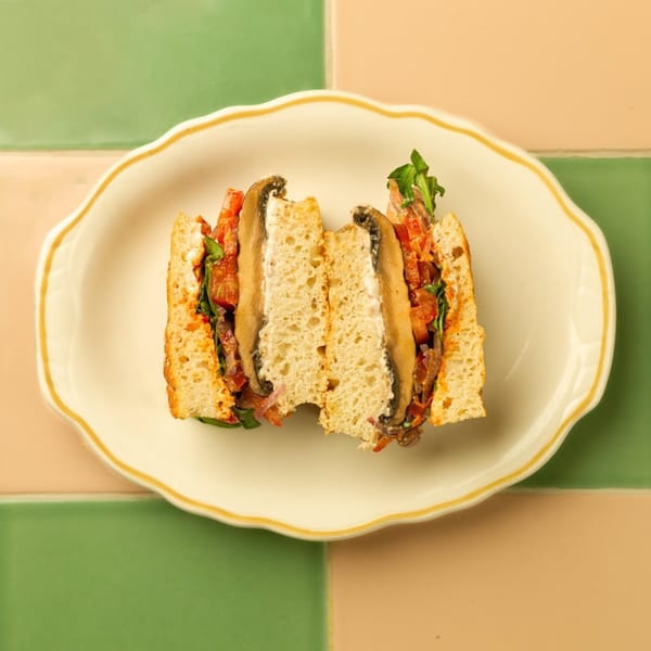 A Kitchen Mouse breakfast sandwich with mushrooms, tomatoes, and greens on a white plate.