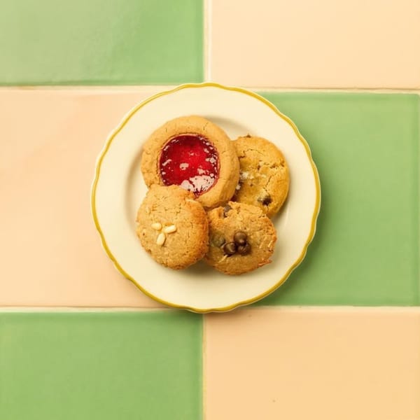 A white plate with four cookies, including a thumbprint cookie, on a green and peach tiled surface.