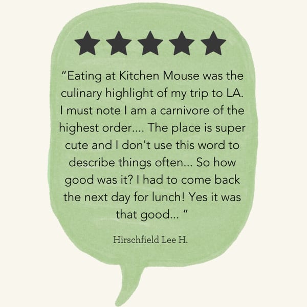 A green speech bubble with a five-star rating and a glowing customer review for Kitchen Mouse.